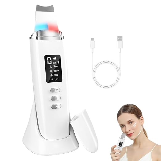 Docoss Facial Skin Scrubber & Ultrasonic Pore Cleaning Machine with 4 Modes, Blackhead Remover with Red Light & Blue Light, Face Cleansing Rechargeable Machine(White)