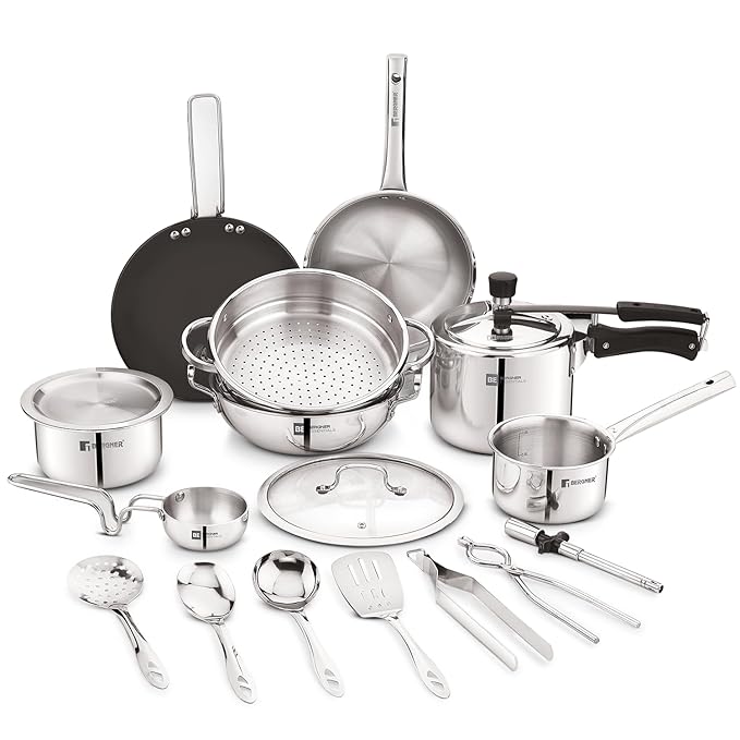 Bergner 17 Pcs Ramadan Set, Triply Cookware Set, Consumes Less Oil, Healthy Cooking, Complete Kitchen Set, Even Heat Distribution, Induction Compatible, Gift Set for Marriage/Anniversary