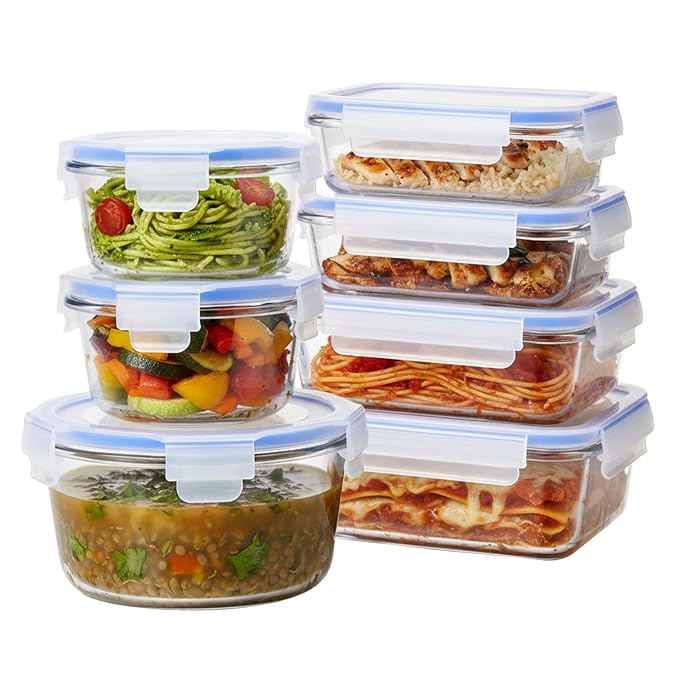Amazon Brand - Solimo Glass Food Storage Container Set, Round & Rectangular - Pack of 7, Airtight & Leakproof, Microwave & Freezer Safe, Transparent