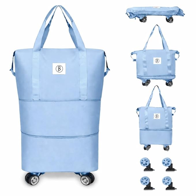 Btag Travel Duffle Bag with Wheels | Convertible Handbag, Trolley & Shoulder Luggage for Clothes | Space-Saving Foldable Travel Companion | Expandable & Waterproof Traveling Bag for Unisex (Ice Blue)