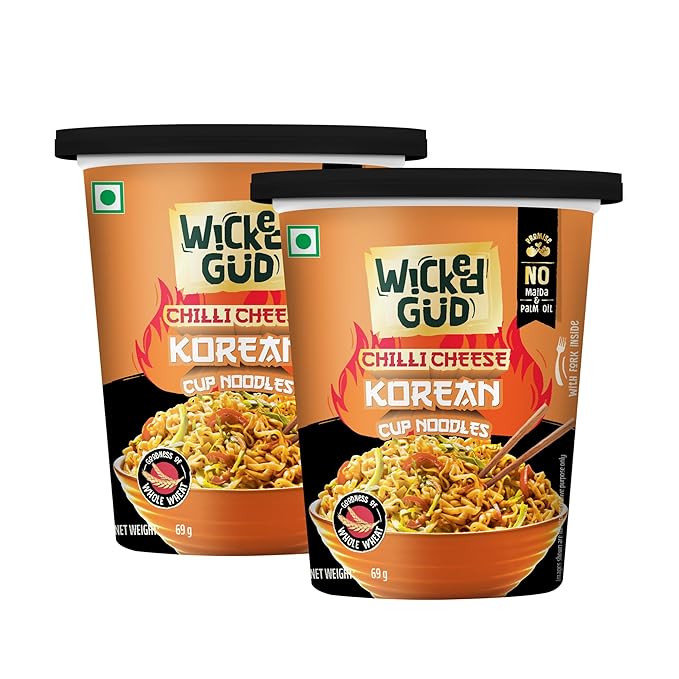 Wickedgud Chilli Cheese Korean Instant Cup Noodles, Pack of 2 * 74g | Whole Wheat | No Maida | No Pam Oil