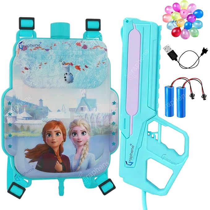 GRAPHENE Dual Electric Holi Pichkari 2ltr Blue Backpack Water Big Tank Squirt Automatic 1Extra Rechargeable Battery High Pressure Spray Gun Long Throw Pool Parties Kids Boy Girl 1Pkt (100 Balloons)