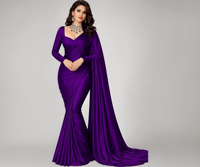 Women's Premium Japan Satin Silk Plain Saree with Unstitched Blouse Piece  -  5.5 Meters, Soft Smooth Finish, Elegant Solid Color Traditional Saree