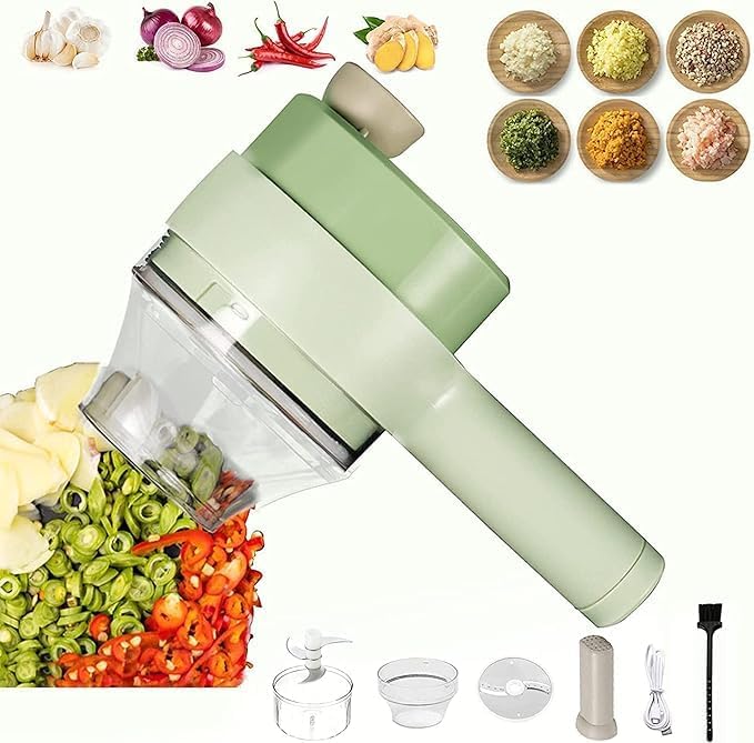 4-in-1 Handheld Electric Vegetable Cutter Set Wireless Portable Food Processor and Vegetable Chopper with USB Charging for Garlic Chili Onion Slicer and Kitchen Cleaning Brush