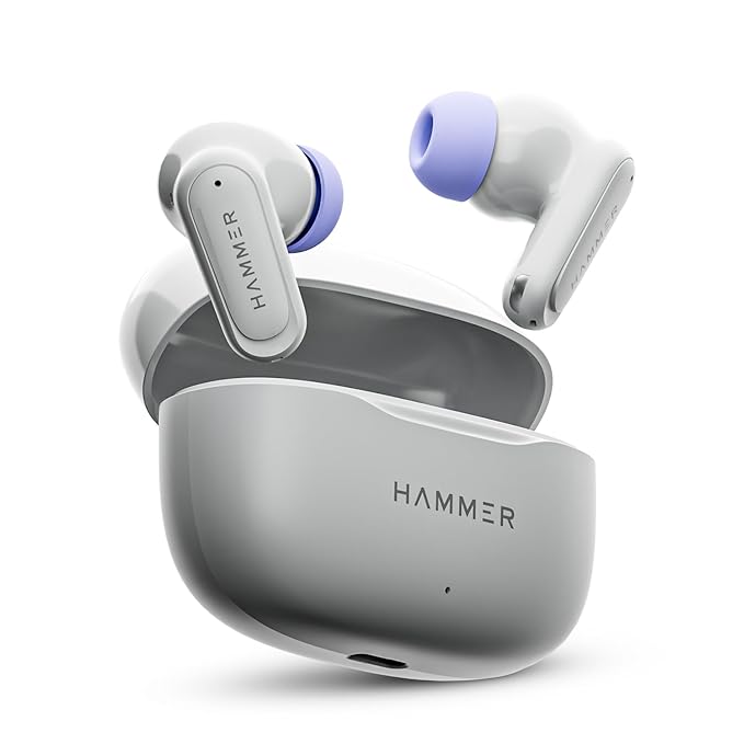 HAMMER Airflow Neo Earbuds with 80H Playtime, 13mm Titanium Driver, 40ms Gaming Mode, Fast Charging Buds, Type-C Charging, Voice Assistant, Lightweight Dual-Tone Design (Grey)