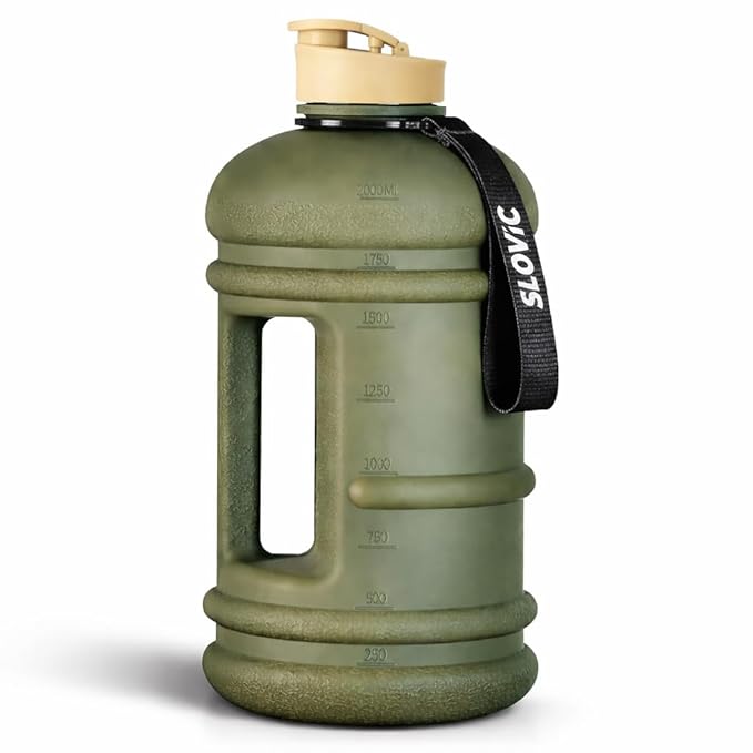 SLOVIC Gallon Water Bottle 2 + Litre | Gym Motivational Sipper Water Bottle for Adults | 100% BPA Free & Leakproof | 2 Litre Sipper for Men & Women with Ergonomic Handle | Dark Green | 2200 ML