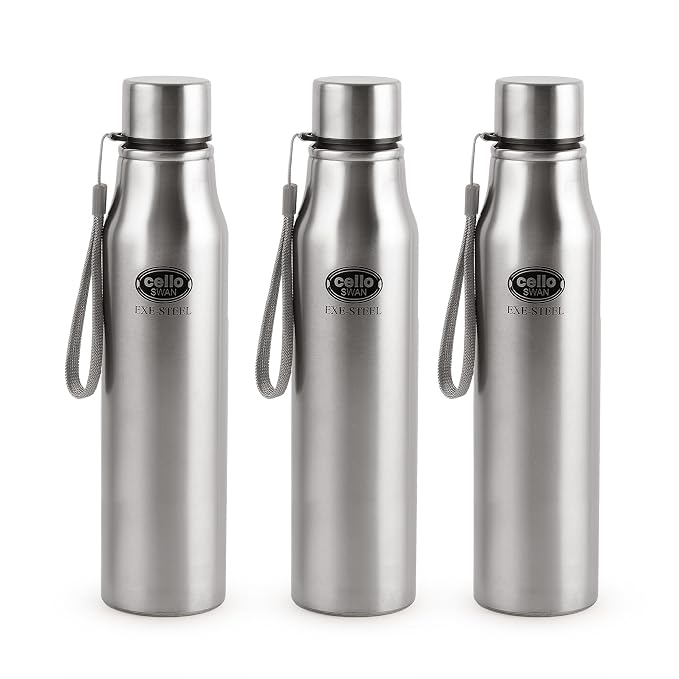 CELLO Swan Stainless Steel Water Bottle Set of 3 Pcs, 900 ml Each Silver | ISI Certified, Single Wall, Leakproof, Rust Proof | Airtight Fridge Safe Steel Water Bottle For Office, College, Gym & Travel