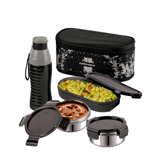 CELLO Gemini Lunch Box Gift Set of 3 Pieces with Bag for Office Use Black | 300ml x 2 Steel Round Containers, 500ml x 1 Oval Container with 600 ml Water Bottle, Leak Proof Tiffin Set for School Travel
