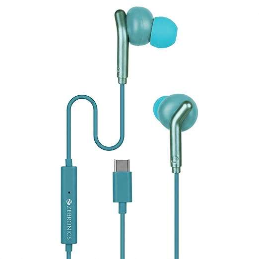 Zebronics Type-C Wired Earphones, in-Line MIC, Deep Bass, 1.2m Cable, 10mm Neodymium Driver, Light Weight, in-Ear Design, Compatible with Mobile, Tablet, Laptop (Bro C, Green)