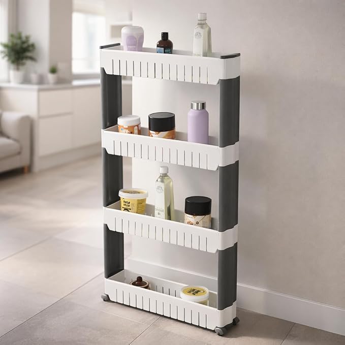 FLIPZON Slim Rolling Storage Rack  -  4-Tiered Shelf Plastic Slide-Out Organizer | Space-Saving, Multipurpose | for Kitchen, Bathroom, Laundry, Pantry & Utility Storage | Floor Standing | White & Grey