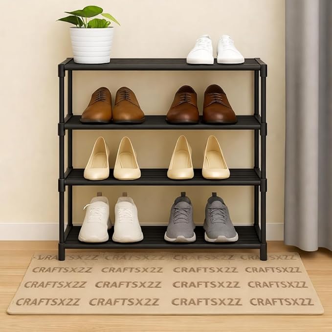 4 Tier Foldable & Stackable Shoe Rack Organizer for Home Storage | Lightweight Durable Plastic Shoe Stand for Bedroom Entryway Hallway Closet | Space Saving Shoe Storage Shelf (R-4)