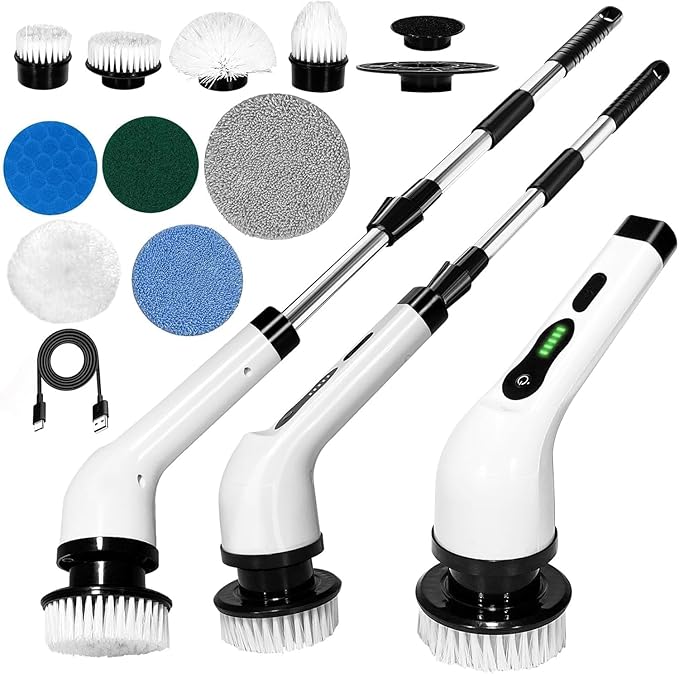 Electric Spin Scrubber with Detachable Telescopic Handle, Rechargeable Cleaning Brush with Multiple Brush Heads and Pads, Battery Indicator Display