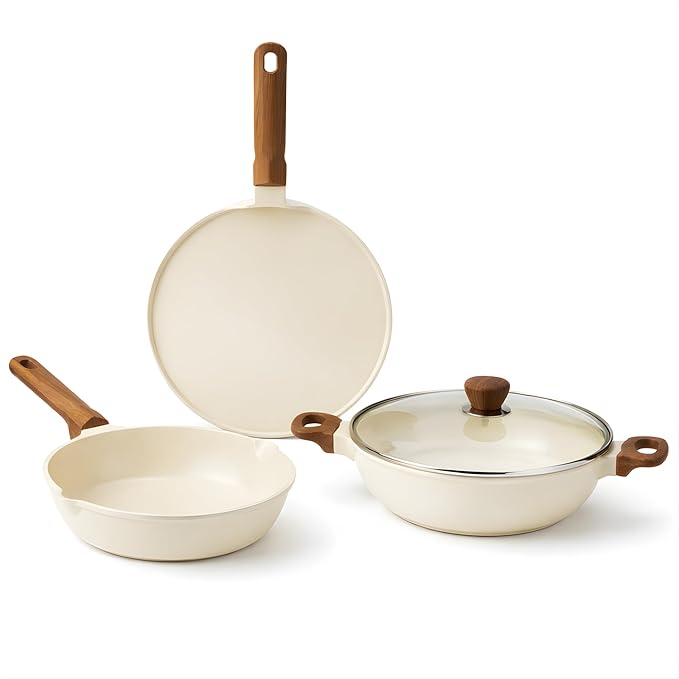 Vinod Di Casa Signature Ceramic Non Stick Cookware Set - 4 pcs | 24 cm Kadai and Frying Pan, 27 cm Dosa Tawa | Soft Touch Wooden Handle | Less Oil Healthy Cooking | Induction Compatible | Toxin Free