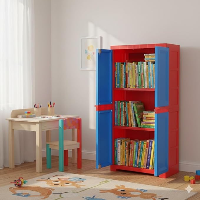 Cello Novelty Big Bookshelf, Red & Blue | 2 Dustproof Doors | Space Saving Cupboard | Plastic Book Shelf | Multipurpose Book Shelf for Home, Office | Book Organizer for Library