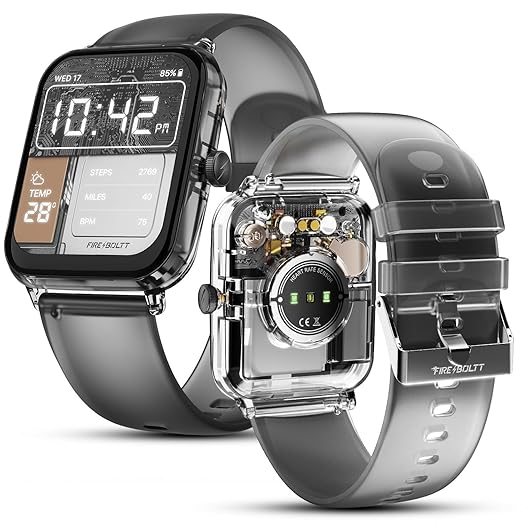 Fire-Boltt Ninja Phantom Smart Watch 1.83 Display, Transparent Clear Body Design, Bluetooth Calling, 120+ Sports Modes, Voice Assistant, AI Outfit Watch Face Smartwatch for Men & Women Black Smoke
