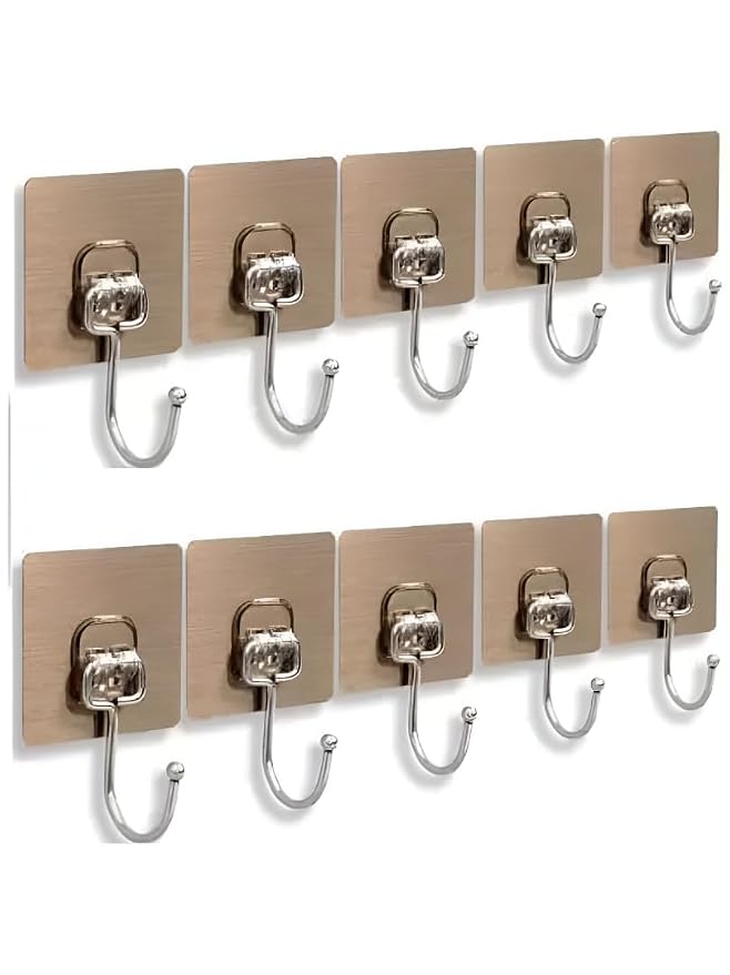 Wall Hooks for Hanging Strong, Adhesive Hooks for Wall Heavy Duty, Wall hangings, Kitchen Accessories Items, Sticky Photo Frame Hangers (Golden Hook 10-pcs)