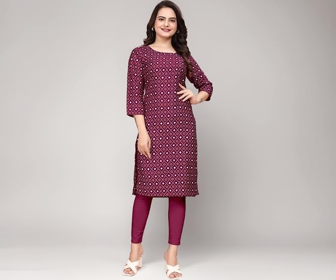 Womens Crepe Kurti | Straight Fit | Knee-Length | Crew Neck | 3/4 Sleeves | Casual & Office Wear