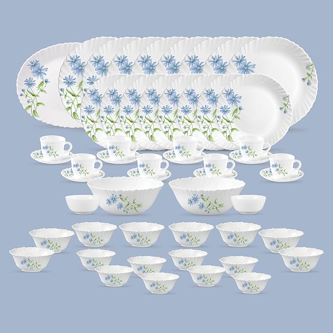 La Opala Diva Classique Collection Opal Glass Crockery | for Family of 8 | Dinner Set 53 pcs Blue Daisy | Plates, Bowls & Cups for Dining | Microwave Safe | 100% Vegetarian | Extra Strong | White
