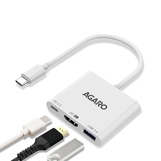 AGARO 3-in-1 USB Type-C to HDMI Multi-Port Hub, 4K HDMI Output, USB 3.0 High-Speed Data Transfer, Type-C PD Fast Charging, Compatible with MacBook, Laptop, Tablet, Smartphone & All Type C Devices
