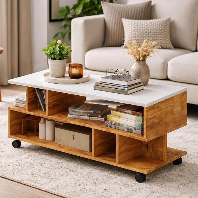 Callas Coffee Table with Multi-Purpose Storage, Wood, Walnut and Natural Finish,Modern Style (Walnut, CT-22-Wheel)