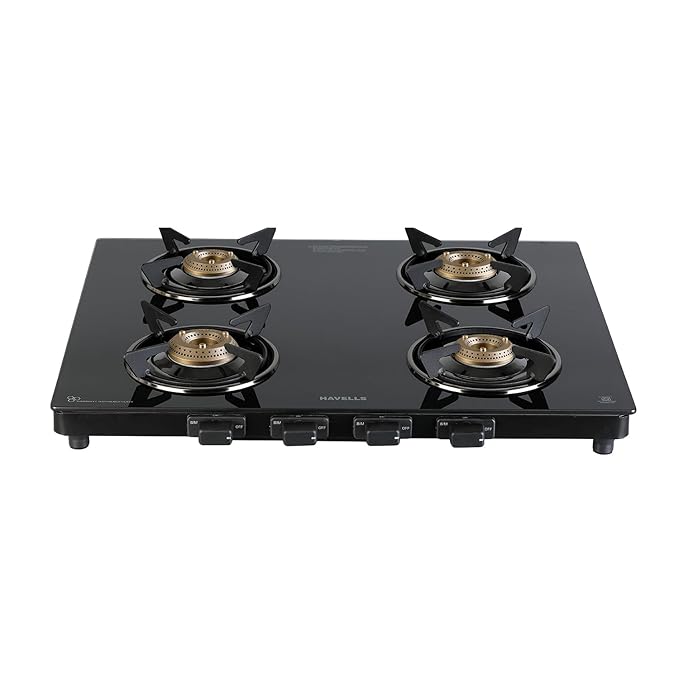 Havells GEOSLIM Gas stove |4 Heavy Duty Forged Brass Burner|6 mm Toughened Glass|Premium Valves|Removable Drip Tray|Soft Touch Knobs|5 year Warranty on Burners, Glass & Valves by Havells (Black)