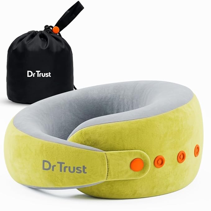 Dr Trust USA Cocoon 3219 Travel Neck Pillow 360° Ergonomic Support for Car, Flight & Train Comfortable Memory Foam Pillow with 4 Adjustable Buttons  -  Green