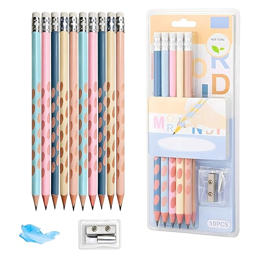 Toyshine HB Pencil Set with Erasers on Top | Pack of 10 Round Hole Groove Grip Pencils with Sharpene & Pencil Cap | Comfortable Writing School Stationery for Kids & Students - B