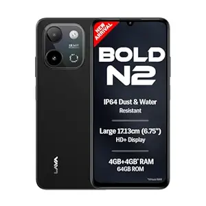 Lava Bold N2 (Indus Black, 4 GB RAM, 64 GB Storage) | 13MP AI Dual Rear Camera | Largest 6.75" HD+ Display | 5000 mAh Battery & 10W Charging | IP64 Water & Dust Proof | Charger & Phone-Case in Box