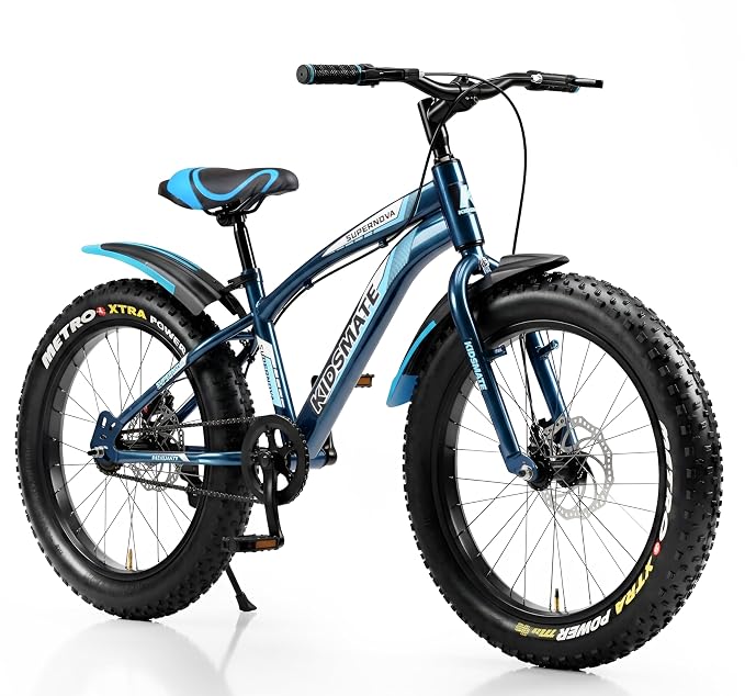 Kidsmate Supernova 20T Fat (20 x 3.0) Tire Cycle for Kids 7 - 10 Years | Dual Disc Brake Bicycle with Rigid Fork | Wide Tyres, Strong Steel Frame Bike for Kids - Stelios Blue