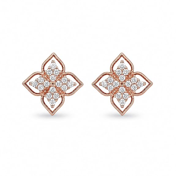 Rose Gold Plated Anti Tarnish AD CZ Floral Stud Earrings for Women
