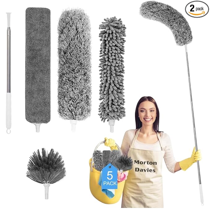 5 in 1 Microfiber Feather Duster 5 PCS Bendable & Extendable Fan Cleaning Brush with 100 inches Expandable Pole Handle Washable Mop for High Ceiling Fans (grey) 5 in 1