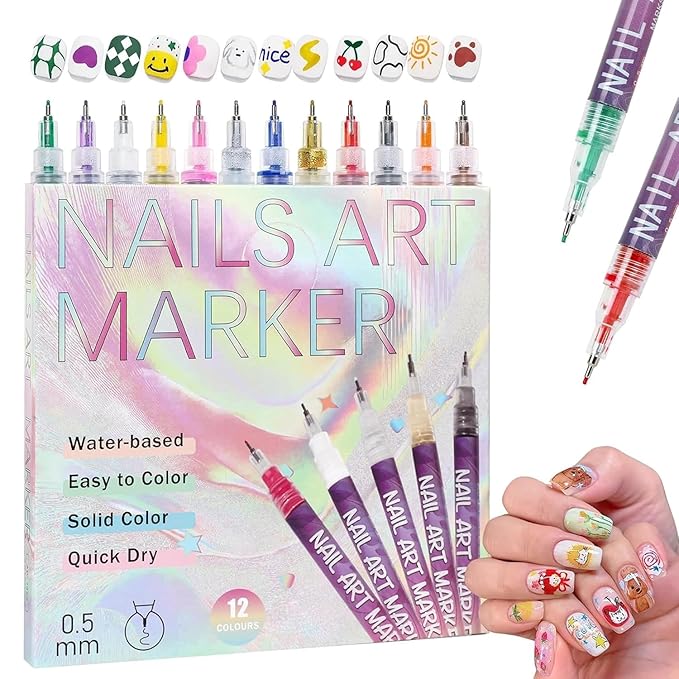 Kidology 12 Colors DIY Nail Art Pens Set | 0.5mm Ultra Fine Nail Art Marker Pens | Quick Dry Waterproof Nail Polish Pens for DIY Nail Painting | Nail Art Kit for Women & Kids