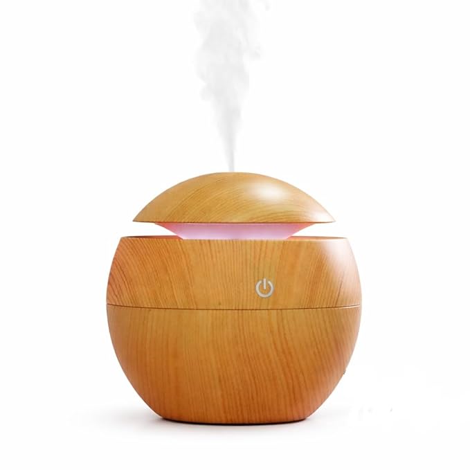 USB Humidifier Aroma Diffuser with LED Light, Wood Grain Finish, Touch Button Design