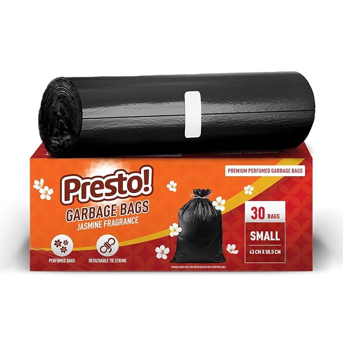 Amazon Brand - Presto! Premium Perfume Garbage Bags on Roll with Tie String | Small | 17x20 Inch | 30 Count | Black