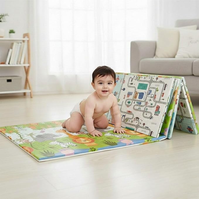 BabyPro Reversible Baby Play Mat, BPA-Free XPE Foam, Bounce-Back Foam, Foldable Waterproof Crawling Mat, 6.5x4.5 ft, 6mm Thick, Soft, Safe, Portable Floor Mat for Babies & Toddlers,XL, Street Safari