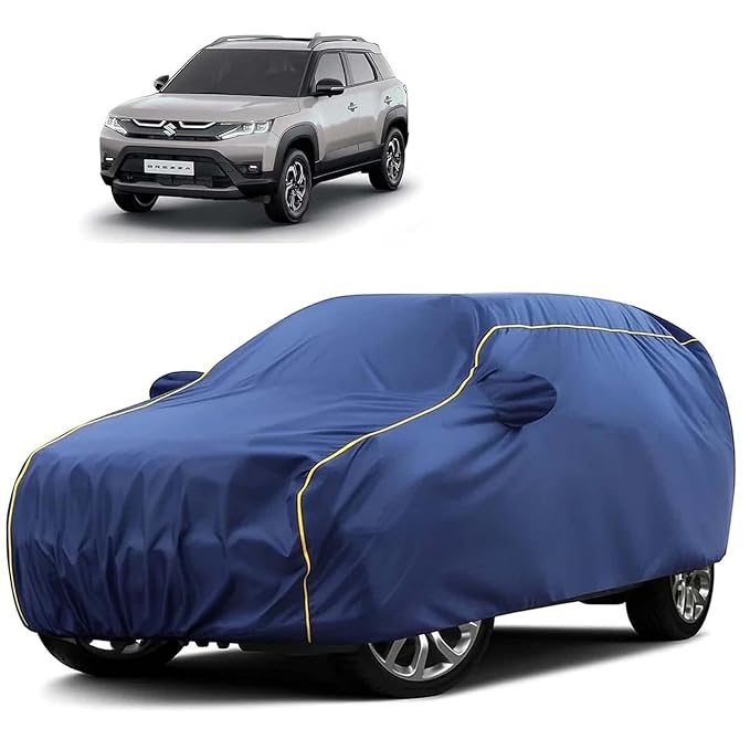 Sulfar 100% Water Resistant Car Body Cover Compatible with Mirror for Maruti Suzuki Breeza (Triple Stitched, Full Bottom Elastic, Blue Tafetta with Yellow Piping)