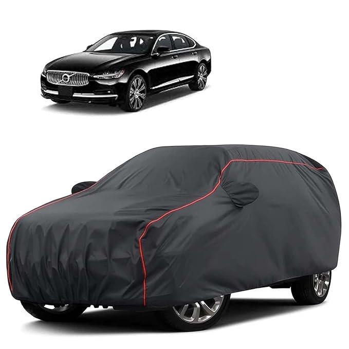 Sulfar 100% Water Resistant Car Body Cover Compatible with Mirror for Volvo S 90 (Triple Stitched, Full Bottom Elastic, Dark Grey Tafetta with Red Piping)