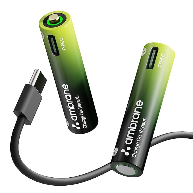 Ambrane AAA Type C Rechargeable Batteries, Pack of 2, 740mAh Lithium Ion Battery, Charge with Any Type C Cable & Adapter, No Separate Charger Required, Save Environment & Money (Reneo, Green)