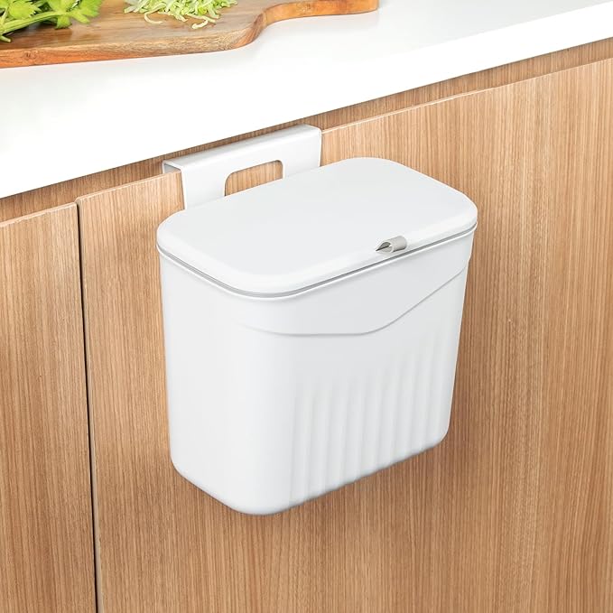 Amazon Basics 7 Litre Kitchen Dustbin with Lid, Hanging Plastic Trash Can for Cabinet Door, Wall Mounted Garbage Bin, Double-Sided Open Design  -  White