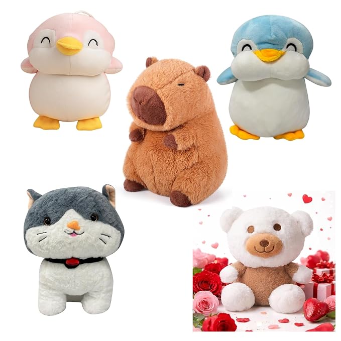 EITHEO Panda Blue Penguin Pink Capybara Teddy White Cat Yellow Pack 5 Soft Plush Stuffed Animals for Kids Boys Girls | Gift Set