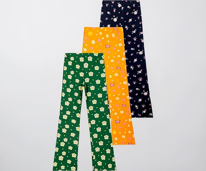 T2F Girls Cotton Flared Leggings Pack of 3 | Soft Stretch Bootcut Pants for Kids | Printed Floral & Heart Designs | Multicolor Combo (2 - 14 Years