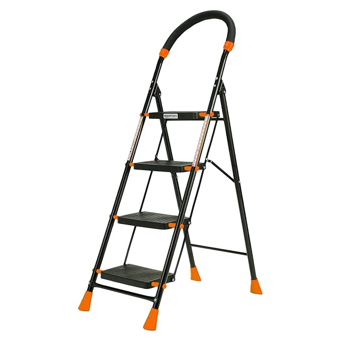 Amazon Basics Curvo-Foldable Step Ladder, Ribbed Steps, Knee Guard, Non-Marring PVC Shoes, 4 Steps (Black & Orange)