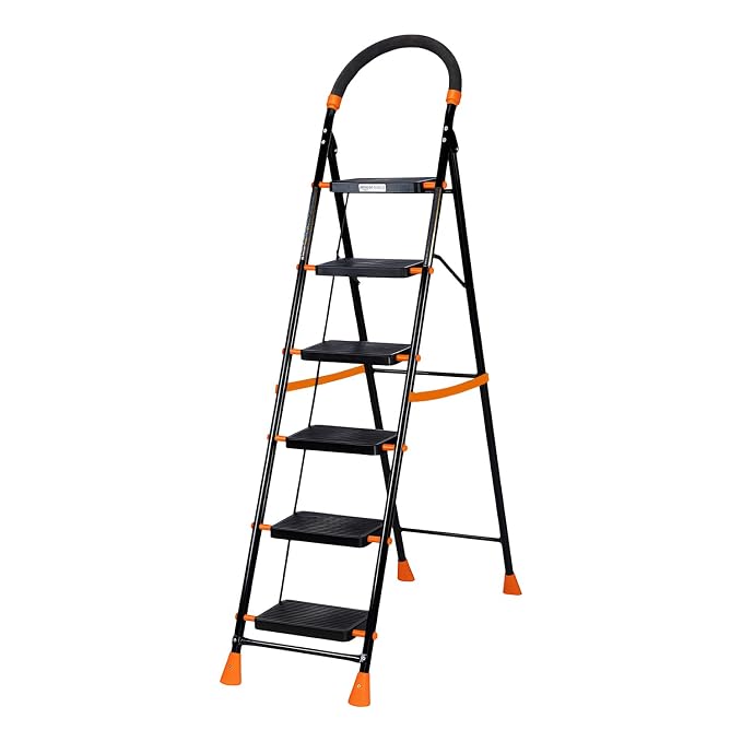 Amazon Basics Curvo-Foldable Step Ladder, Ribbed Steps, Knee Guard, Non-Marring PVC Shoes, 6 Steps (Black & Orange)