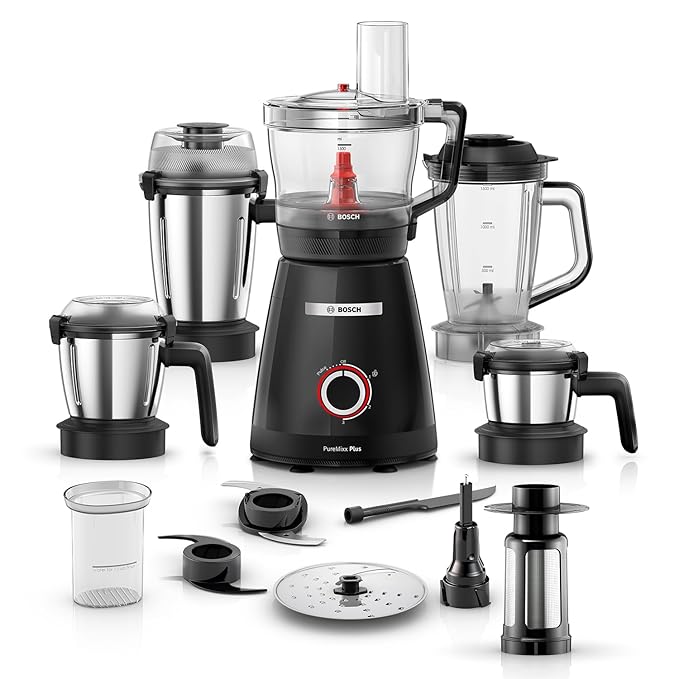 Bosch PureMixx Plus 800W | Mixer Grinder + Food Processor | 5 Jars | 40+ Functions | Atta Kneading, Chopping, Slicing | Coarse Grinding | Hands Free Operation | 7 Year Motor Warranty (MP8515A1KI)
