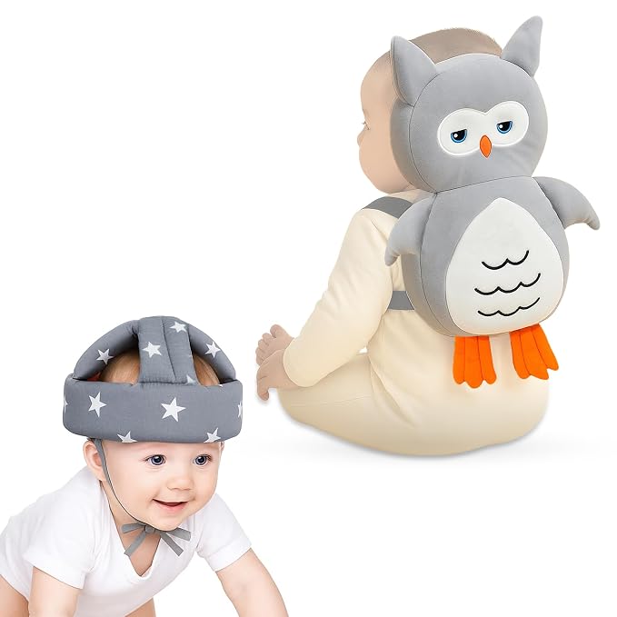 GLUN® Cute Owl Shape Soft Cushioning Baby Back Protector with Head Protective Hat Combo, Adjustable Shoulder Belt, Head Protection Gear for 6-18 Month Toddler Kids