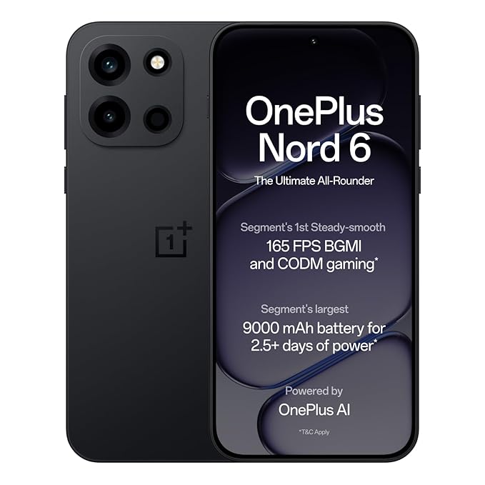 OnePlus Nord 6 | 8GB+256GB | Pitch Black | Snapdragon 8s Gen 4 | Segment's First Stable 165FPS Gaming | Segment's Largest 9000mAh Battery | Most Complete IP Rating | Personalized AI