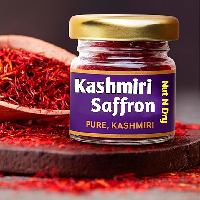 Nut N Dry Original Kashmiri Saffron | Direct From kashmir | Premium Mongra Kesar Threads | 100% Pure Natural Zafran | Strong Aroma & Rich Color | For Milk, Kheer, Biryani & Skincare , saffron, kesir , (0.5 (Pack Of 1))