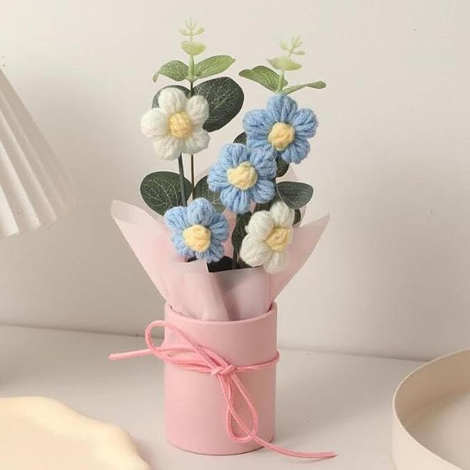 MPROW 1pcs Artificial Crochet Flower Bouquet/Artificial Flowers Bunch/Crochet Flowers Bouquet/Crochet Flowers/Flowers Bouquet Gift for Girls Home Decor,Gifting,etc. (Blue Daisy Bouquet)