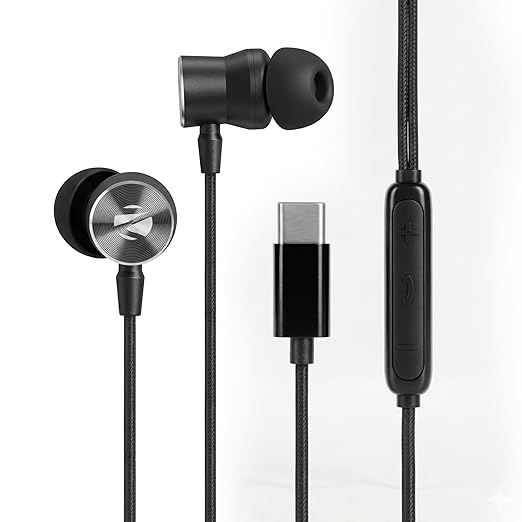 Zebronics Type-C Wired in-Ear Earphones, 10mm Neodymium Drivers, in-line Mic with Volume Control, Magnetic Earbuds, 1.2m Durable Cable, Metallic in-Ear Design, Wide Compatibility (Buds C12, Black)