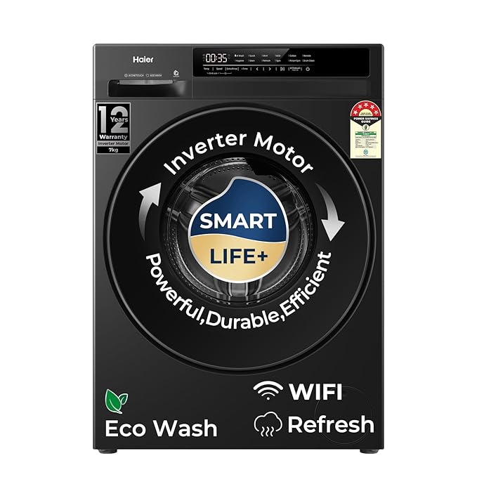 Haier 7 Kg AI One Touch, AI Smart Wash (AI-DBT), PuriSteam, 525mm Super Drum, In-Built Heater,WI-FI, Fully Automatic Front Load Washing Machine, (EFL70-IM12F3BKU1 | Black)